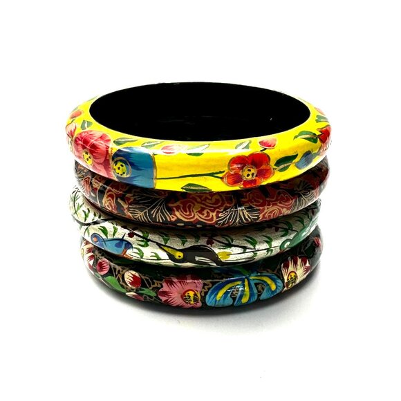 Hand-Painted Folk Art Wooden Bangle Bracelets Set of 4—Floral Designs—Like New - Picture 3 of 8